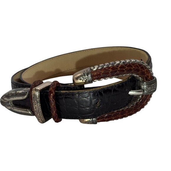 Vtg Brighton Black & Brown Leather Belt Medium 30 Western Silver Tooled Hardware - Picture 1 of 7